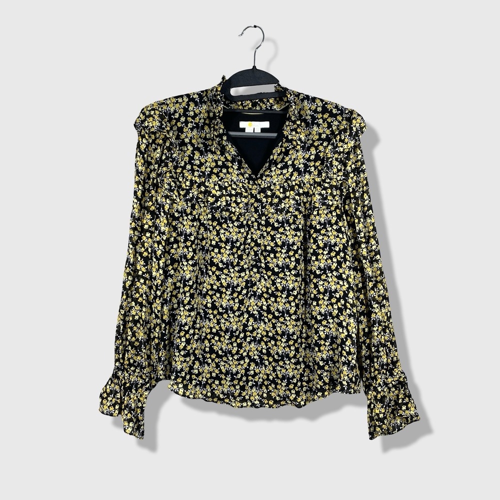 Boden Blouse Womens 6 Black Yellow Floral Cottagecore Romantic Ruffle Smocked